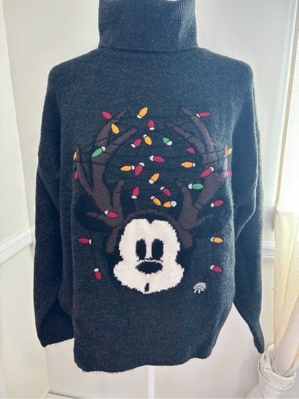 EUC Disney Dark Gray Turtleneck Sweater with Mickey Reindeer and Holiday Lights
